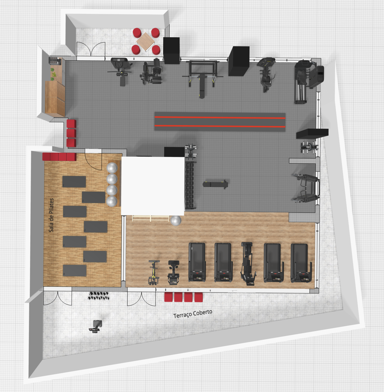 Projeto de área fitness para incorporadora — render 3D
